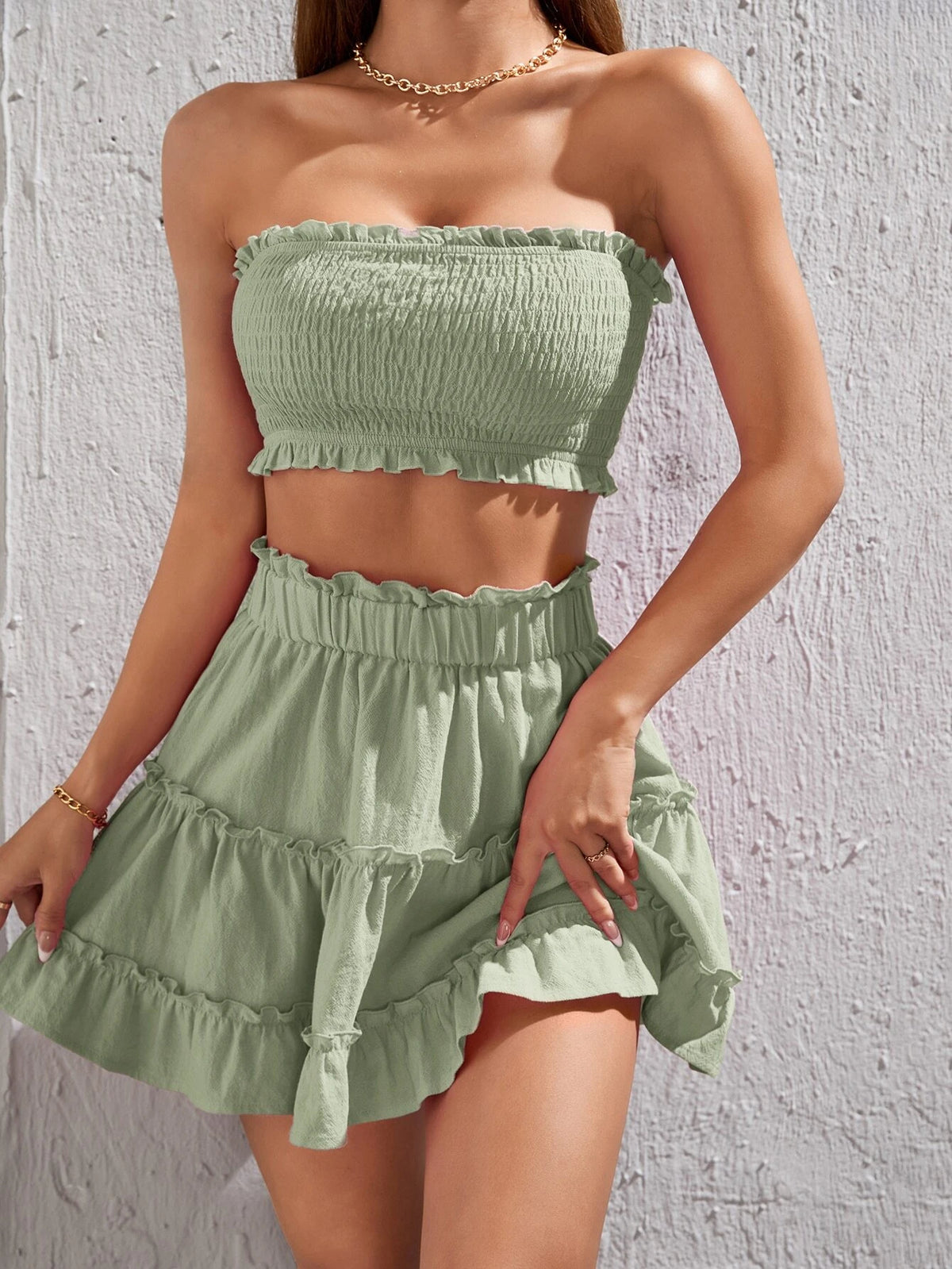 Shirred Frill Trim Tube Top & Ruffle Hem Skirt