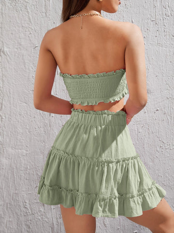 Shirred Frill Trim Tube Top & Ruffle Hem Skirt