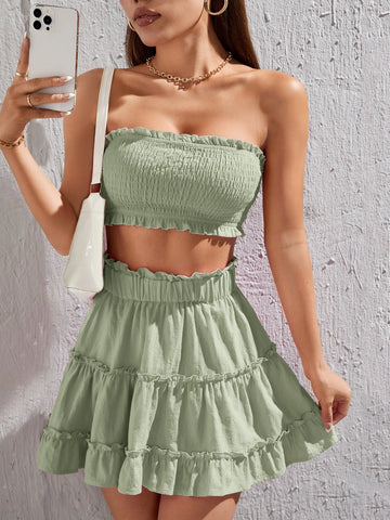 Shirred Frill Trim Tube Top & Ruffle Hem Skirt