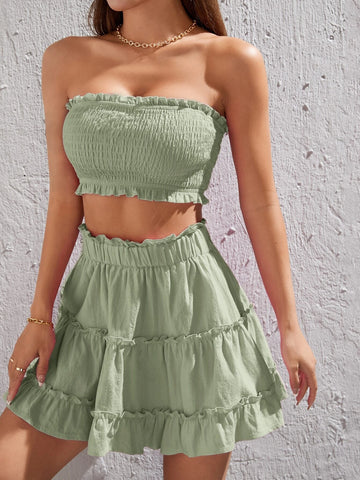 Shirred Frill Trim Tube Top & Ruffle Hem Skirt