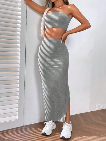Solid Tube Top & Split Hem Skirt