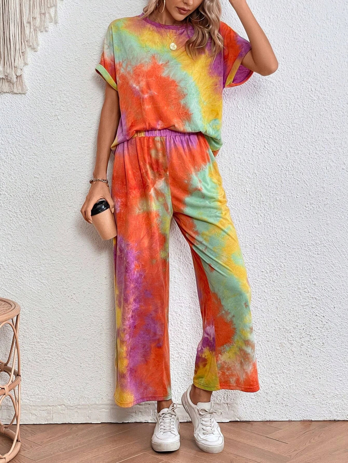 EMERY ROSE Tie Dye Batwing Sleeve Tee & Wide Leg Pants
