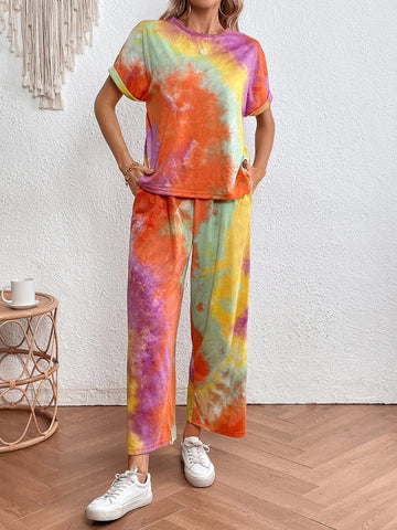 EMERY ROSE Tie Dye Batwing Sleeve Tee & Wide Leg Pants