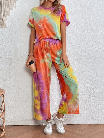 EMERY ROSE Tie Dye Batwing Sleeve Tee & Wide Leg Pants