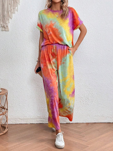 EMERY ROSE Tie Dye Batwing Sleeve Tee & Wide Leg Pants