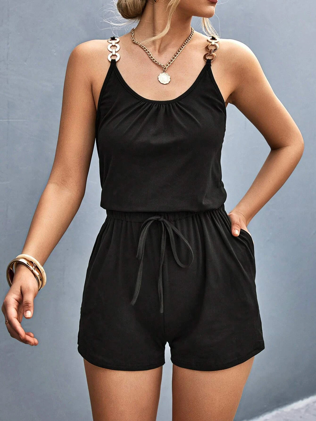 Chain Detail Knot Front Cami Romper