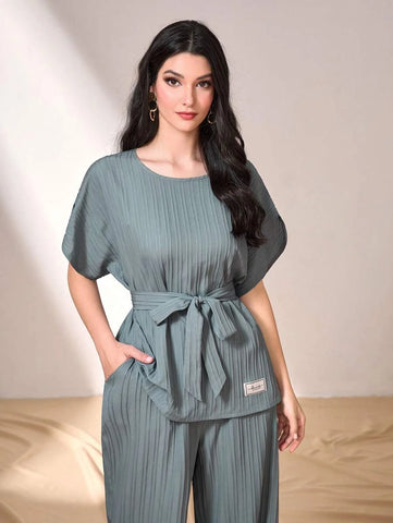 Batwing Sleeve Belted Top & Wide Leg Pants