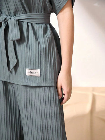 Batwing Sleeve Belted Top & Wide Leg Pants