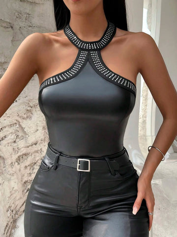Rhinestone Detail PU Halter Bodysuit