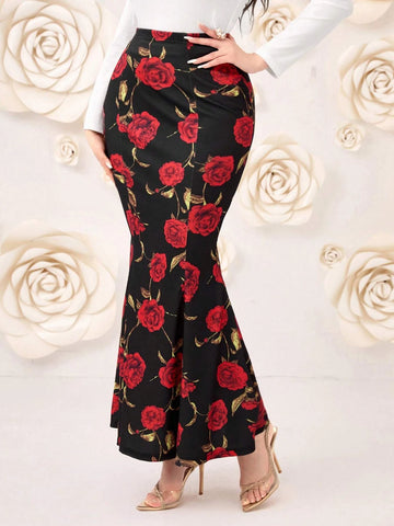 Modely Floral Print Mermaid Hem Skirt
