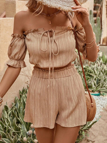 EMERY ROSE Off Shoulder Frill Trim Tie Front Top & Shorts