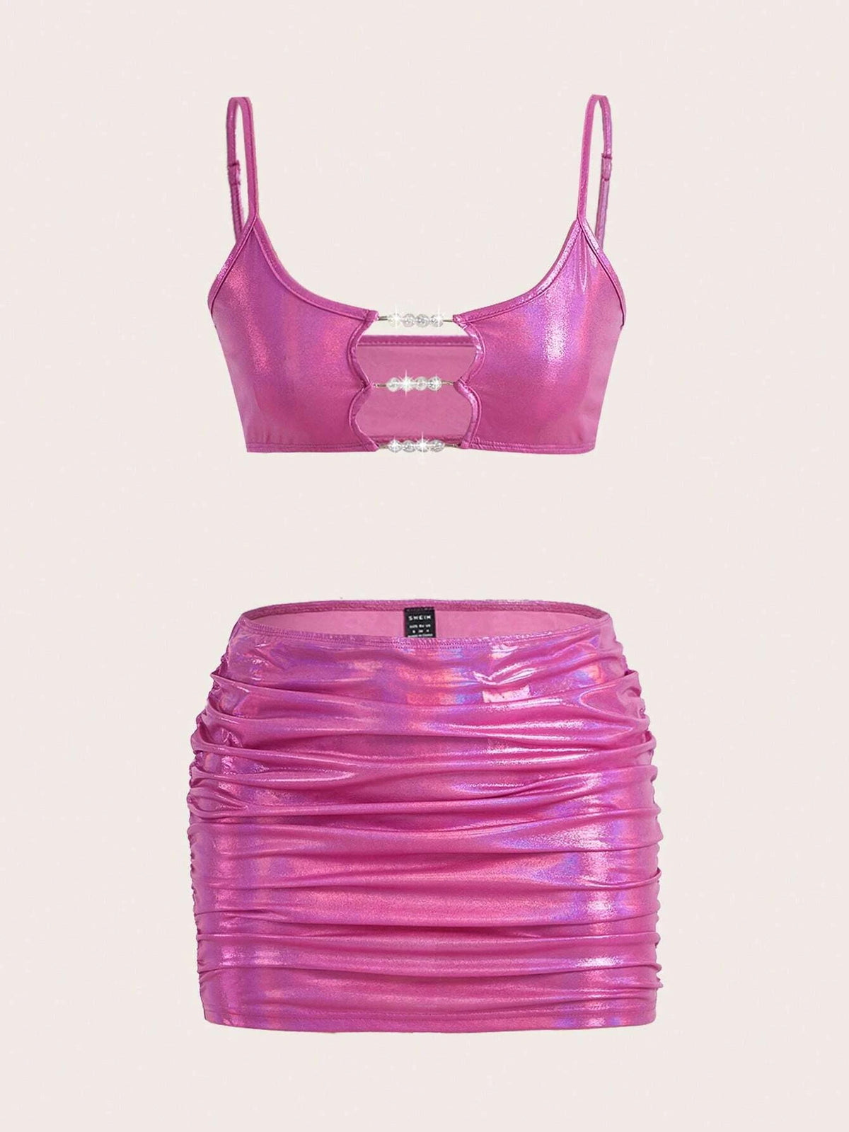 Bead Decor Cami Top & Ruched Metallic Bodycon Skirt