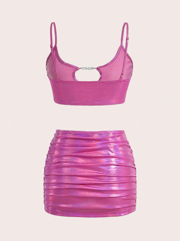 Bead Decor Cami Top & Ruched Metallic Bodycon Skirt