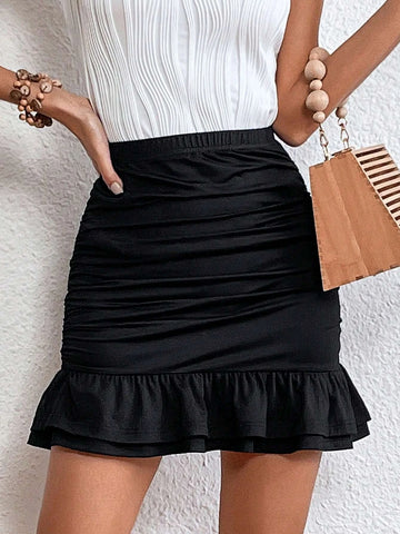 EMERY ROSE Ruched Ruffle Hem Solid Skirt