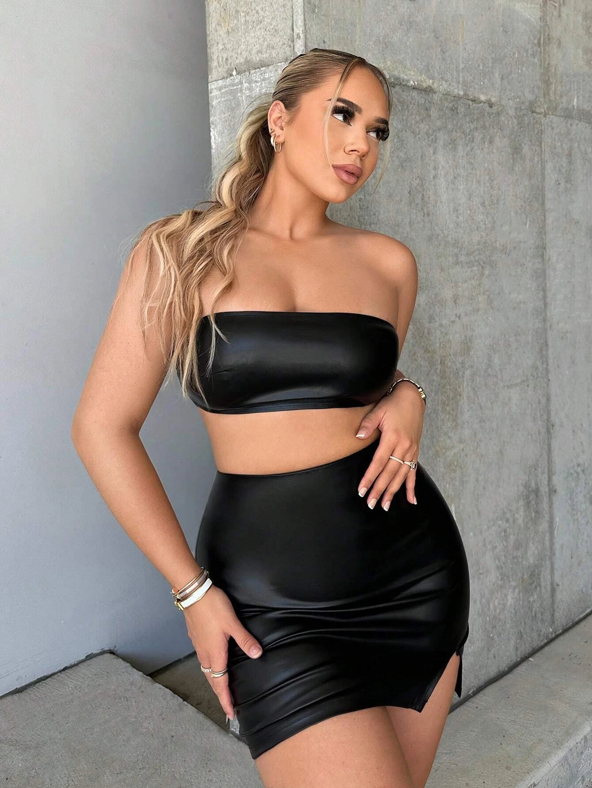 Crop PU Tube Top & Split Hem Bodycon Skirt