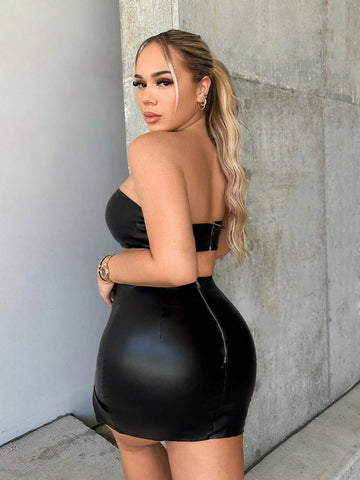 Crop PU Tube Top & Split Hem Bodycon Skirt