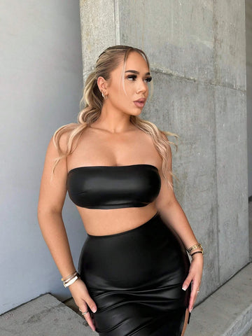 Crop PU Tube Top & Split Hem Bodycon Skirt