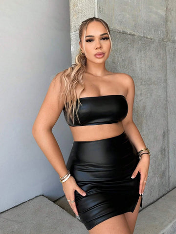 Crop PU Tube Top & Split Hem Bodycon Skirt