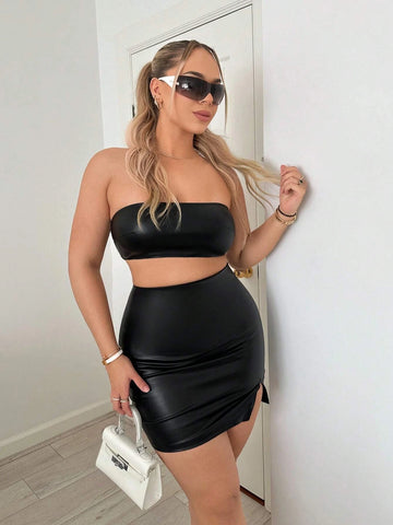 Crop PU Tube Top & Split Hem Bodycon Skirt