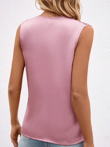 EMERY ROSE Solid Surplice Neck Sleeveless Satin Blouse