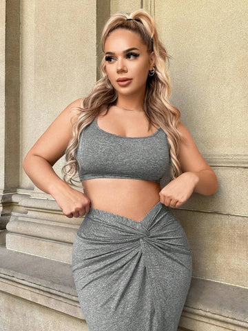 Solid Crop Tank Top & Twist Front Split Thigh Skirt