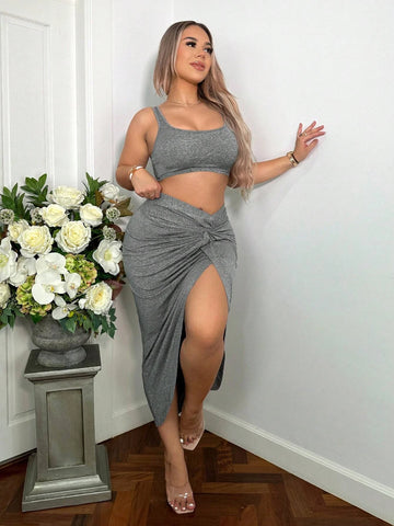 Solid Crop Tank Top & Twist Front Split Thigh Skirt