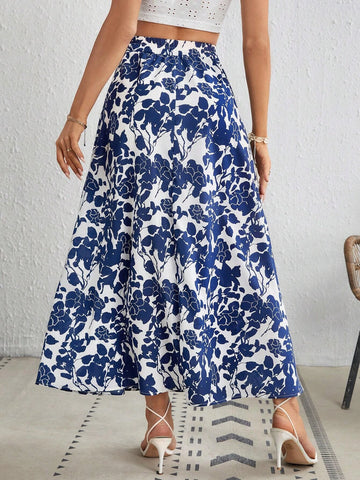 VCAY Floral Print Ruffle Hem Skirt