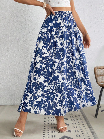 VCAY Floral Print Ruffle Hem Skirt