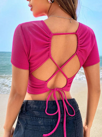 EZwear Lace Up Backless Crop Tee