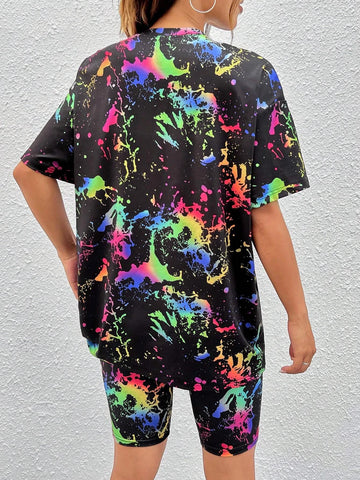 Splash Ink Print Drop Shoulder Tee & Shorts