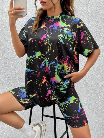 Splash Ink Print Drop Shoulder Tee & Shorts