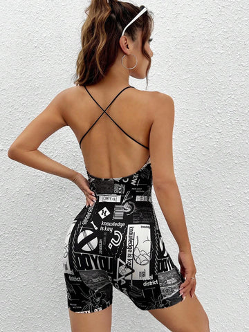 Slogan Graphic Crisscross Backless Cami Unitard Romper
