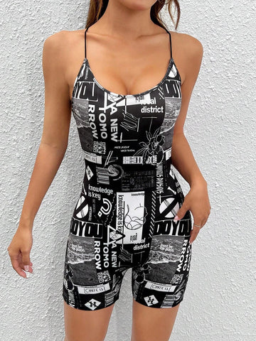 Slogan Graphic Crisscross Backless Cami Unitard Romper