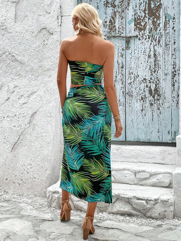 Tropical Print Knot Front Tube Top & Split Thigh Skirt
