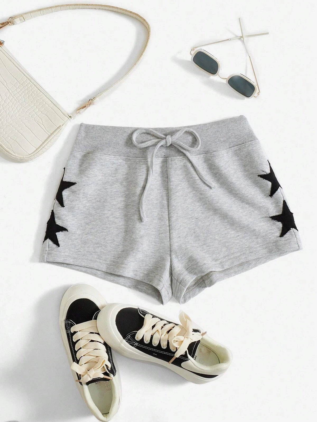 EZwear Knot Waist Star Patched Shorts