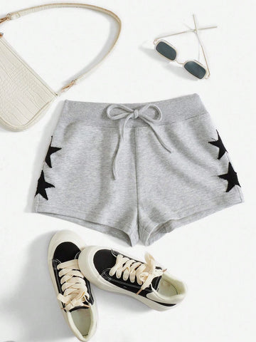 EZwear Knot Waist Star Patched Shorts