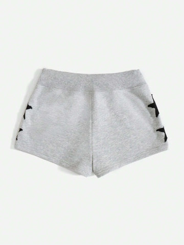 EZwear Knot Waist Star Patched Shorts