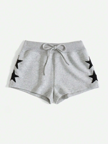 EZwear Knot Waist Star Patched Shorts