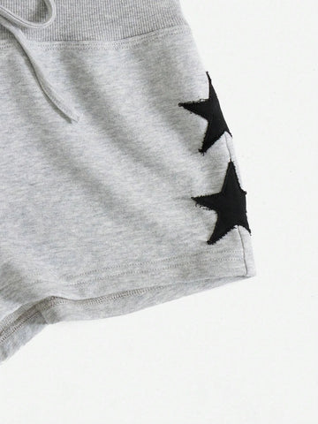 EZwear Knot Waist Star Patched Shorts