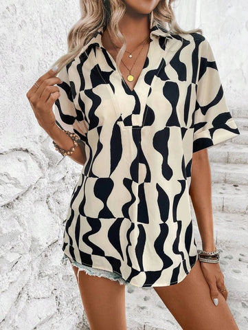 VCAY Allover Print Batwing Sleeve Blouse