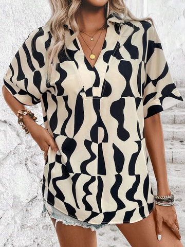 VCAY Allover Print Batwing Sleeve Blouse