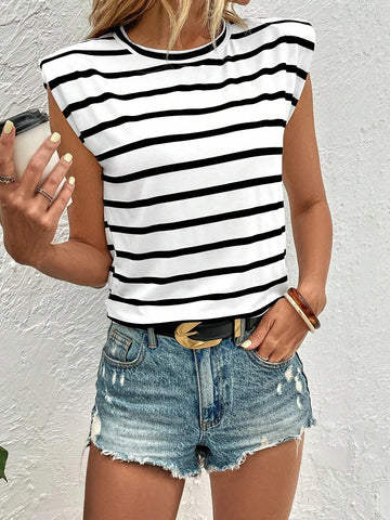 Striped Print Shoulder Pad Tee