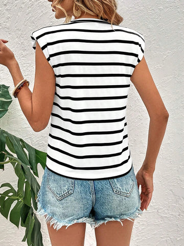 Striped Print Shoulder Pad Tee