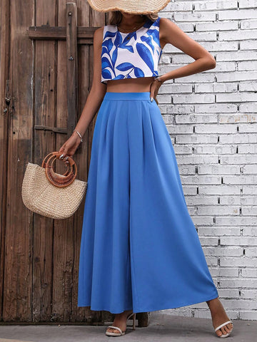 Leaf Print Tank Top & Wide Leg Pants