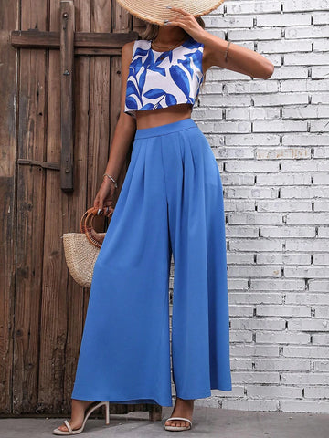 Leaf Print Tank Top & Wide Leg Pants