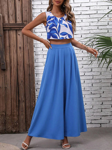 Leaf Print Tank Top & Wide Leg Pants