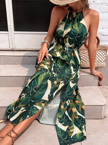 Tropical Print Split Thigh Belted Halter Dress