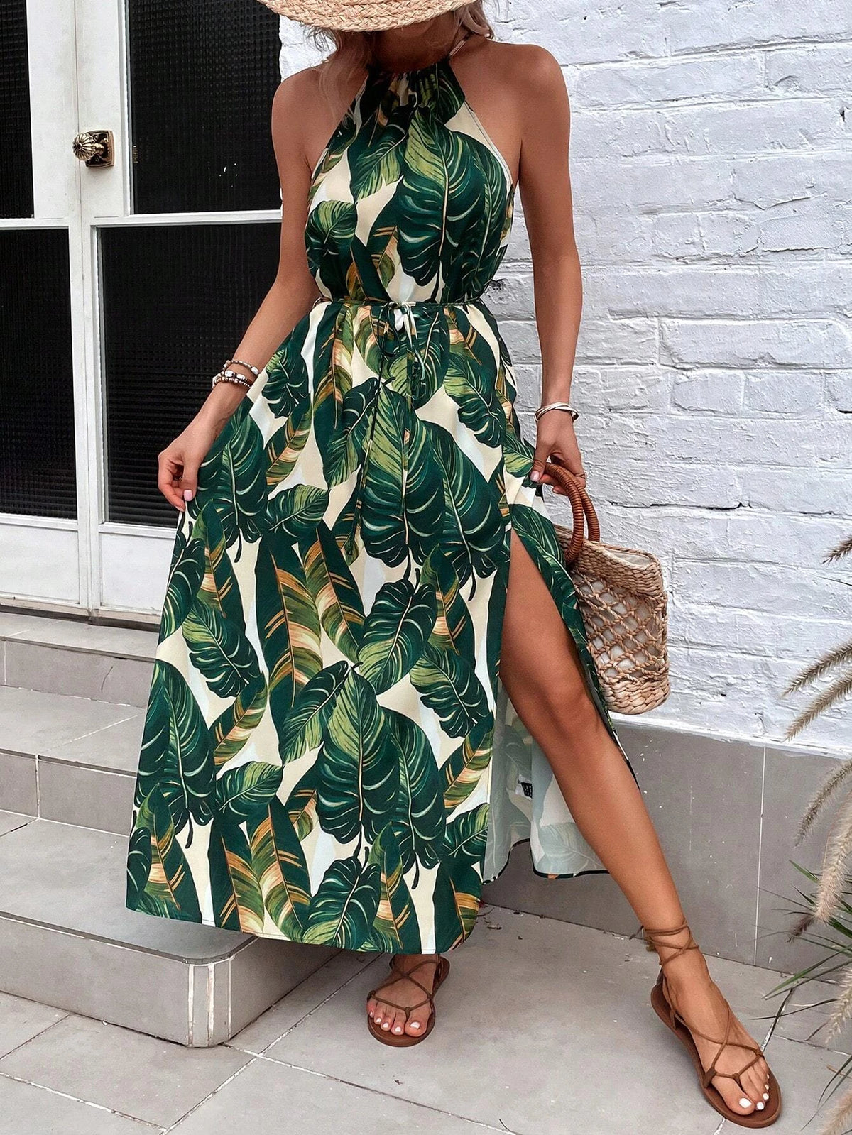 Tropical Print Split Thigh Belted Halter Dress