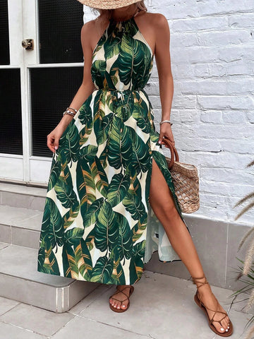 Tropical Print Split Thigh Belted Halter Dress