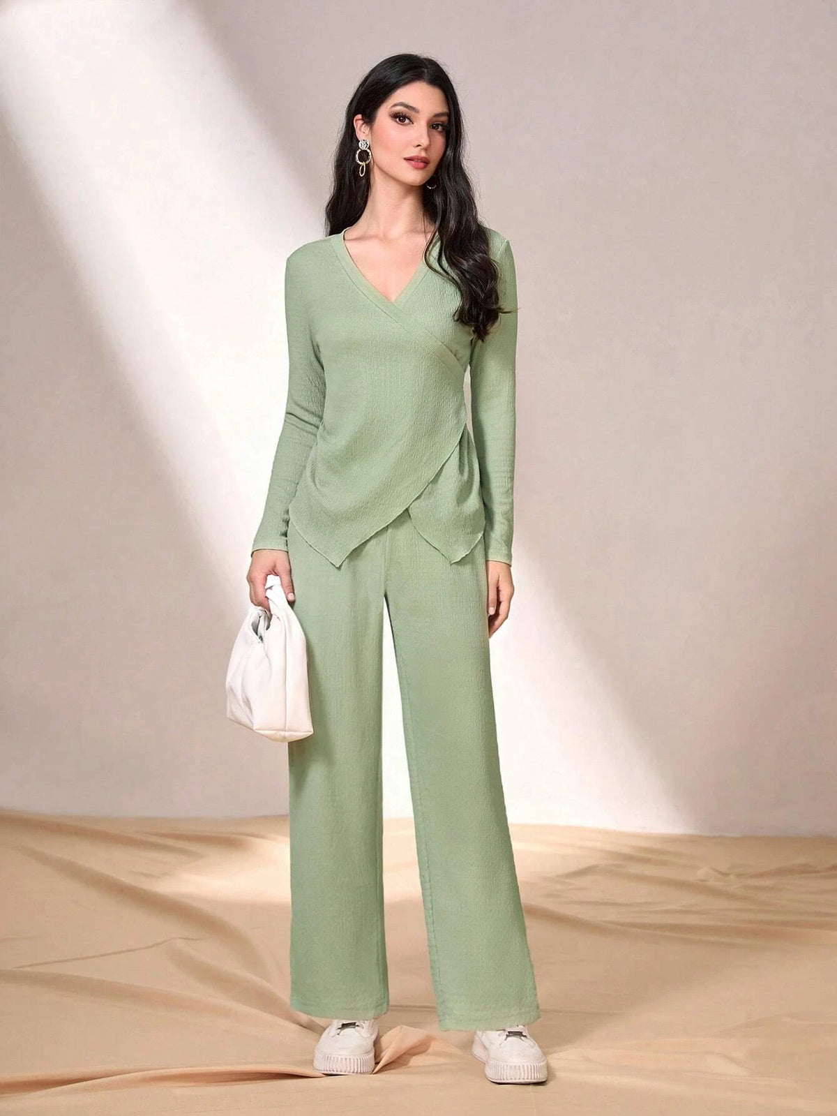 Solid Wrap Knot Side Top & Wide Leg Pants
